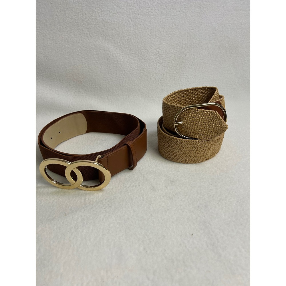 Boho Coastal Unbranded Womens 1X-2X Brown Tan Elastic Woven Belt Set 2pc